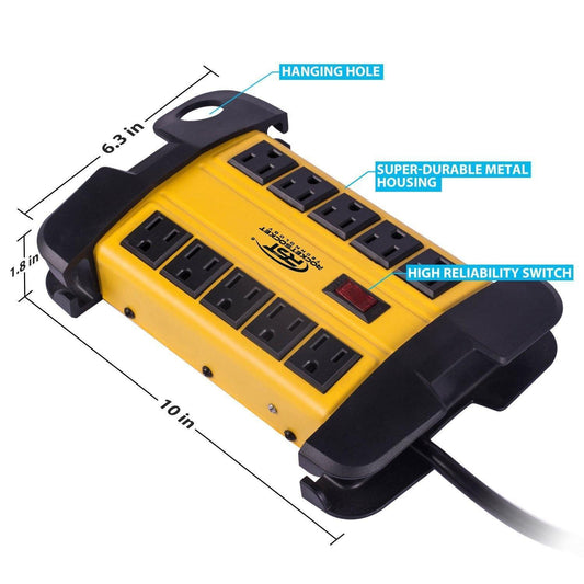 CRST 10 Outlets Mountable Heavy Duty Power Strip Surge Protector with Cord Wrapping design, Optional 15FT or 6FT Power Cord